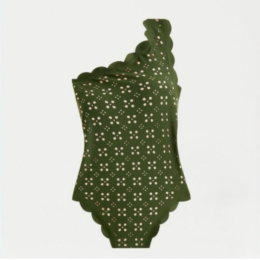 J.CREW Scalloped One Shoulder Laser Cut Out Swimsuit Olive Safari Green Tan Swim